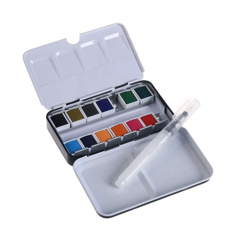 china supplier 12 colors eco friendly watercolor paint set with half pan tin box