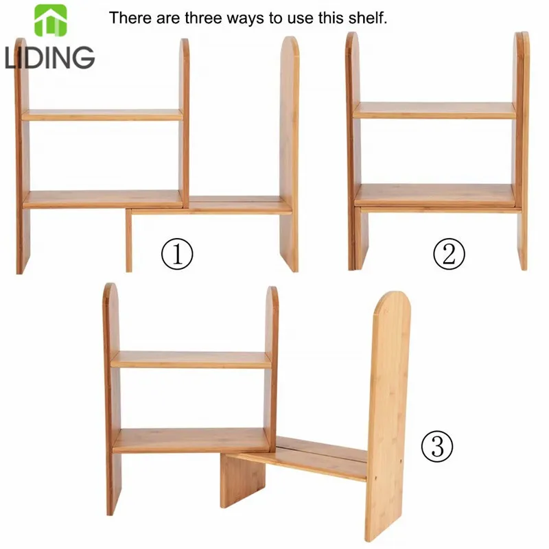 Bamboo Adjustable Desktop Bookshelf,  DIY Desk Rack Organiser, Multipurpose Counter Top Storage Display Shelf