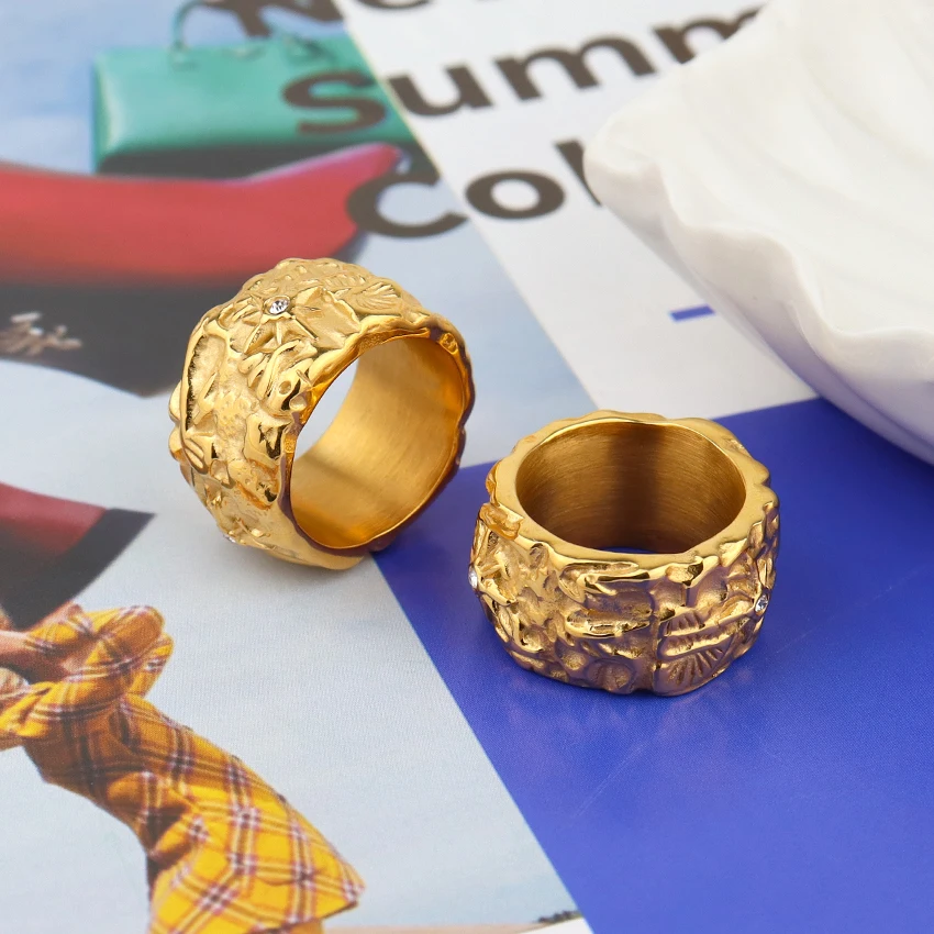 Minos Designs Irregular Texture Ring Gold Plated Stainless Steel Waterproof Ocean Jewelry 18k Chunky Rings Women with Zircon