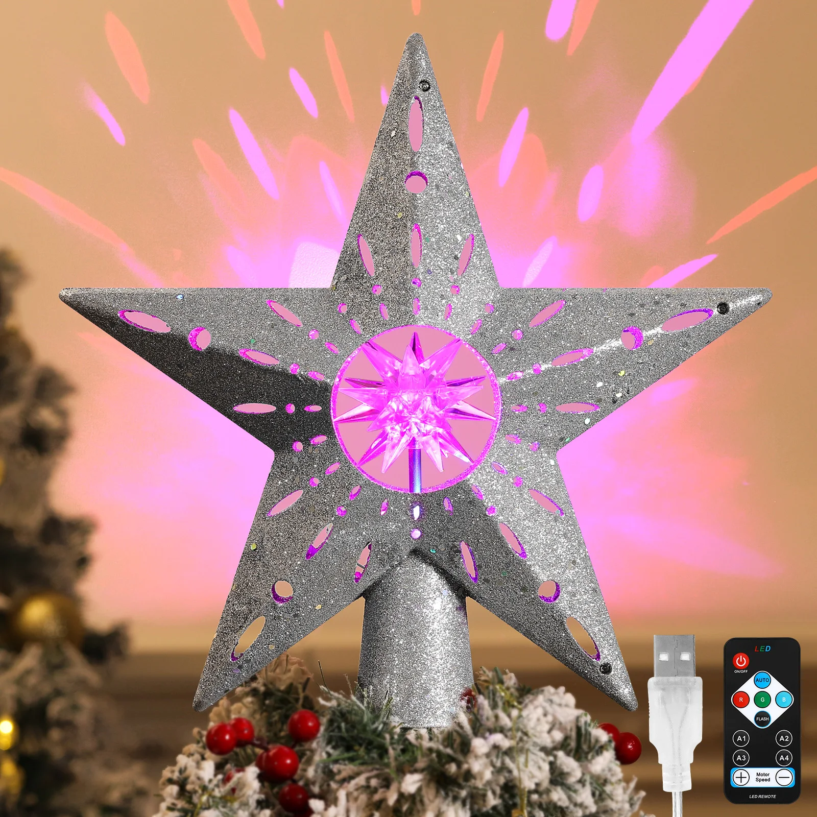 Christmas Tree Topper Decorations Projector Light 3d Rotating Hollow Glitter Snowflake Rotating Pentagram Model Tree Decor