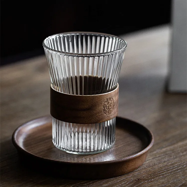 Japanese Style Ribbed Cup Vertical Stripes Heat-resistant Glass Coffee Mug Whiskey Cup with Wooden Grip