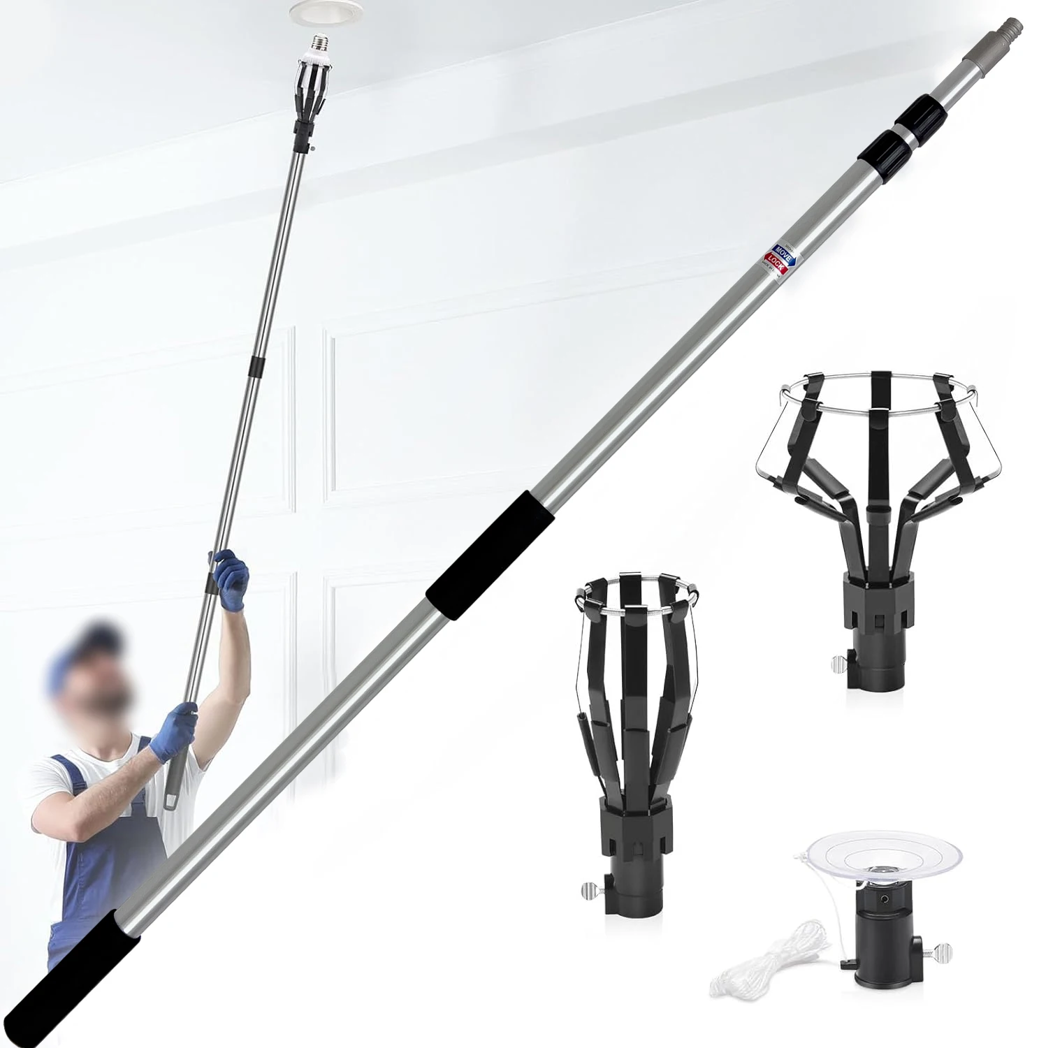 Qiyun Aluminum Telescopic Pole Kit Light Bulb Changer for High Ceilings Upward Facing Bulb Removal Tool