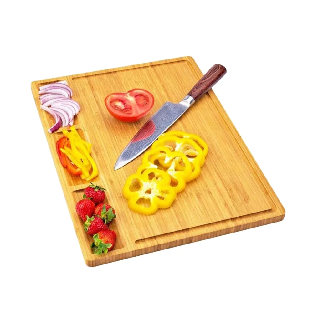 Manufacturer supply extra large bamboo cutting board cheese cutting board  with juice groove and 3 built-in dividers