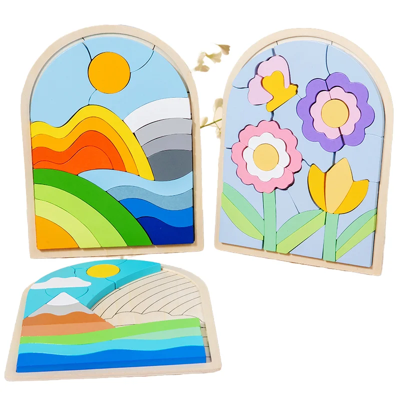 Wooden Toys For Children Cartoon Stereoscopic Puzzles Rainbow Toys Building Blocks Matching Puzzle 3d Puzzles Toys For Kids