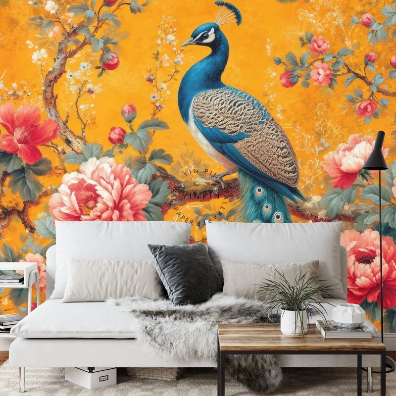 Peony background peacock mural 3d wallpaper home decoration
