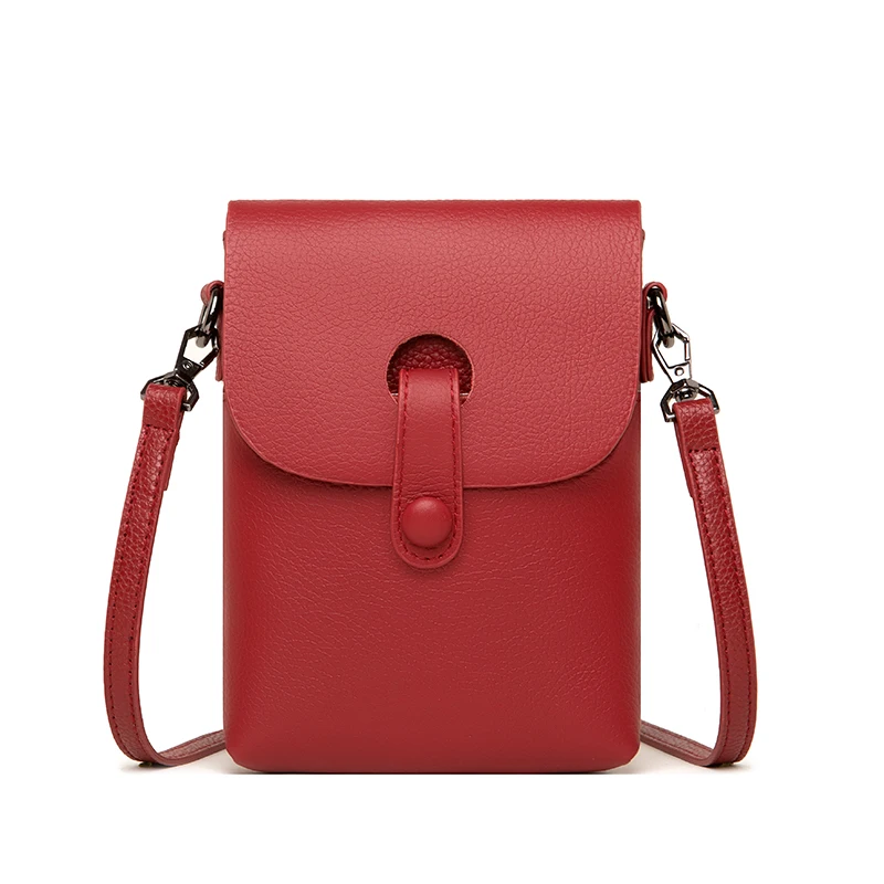 Mini Cell Phone Pouch Shoulder Bag Black Red  Vegan Genuine leather Crossbody Phone Bag Wallet for Women