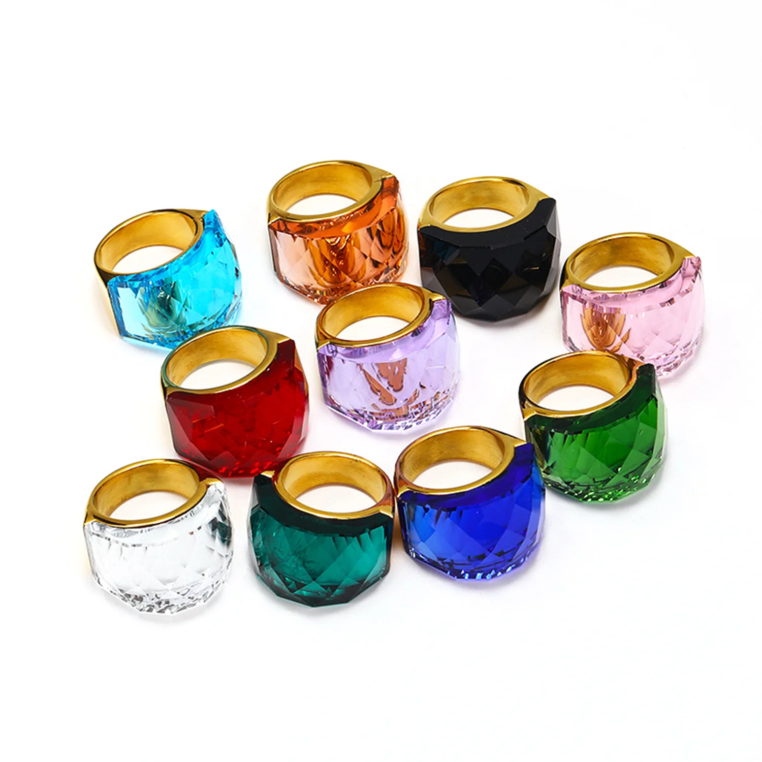 18K Gold Plated Stainless Steel Color Stone Diamond Ring Colorful Crystal Ring With Colored Stone