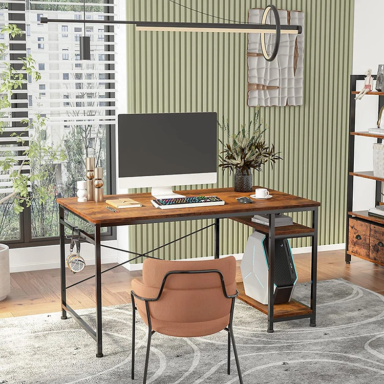 Modern Wooden and Metal Basics Corner Bookshelf Office Computer Study Studying Writing Table Desk With Storage Shelf Shelves