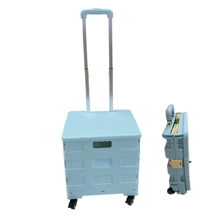 Wholesale OEM LOGO Foldable Shopping Trolley Box Portable Plastic Folding Grocery Cart with Lid Folding Handy Cart
