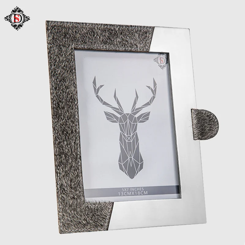 Customised photo frame luxury gray horse hair photo frame hotel/living desktop household metal silver mirror photo frame