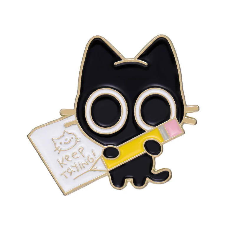 Cute cartoon cat brooch little black take pencil metal badge personality medal lapel pin accessories wholesale