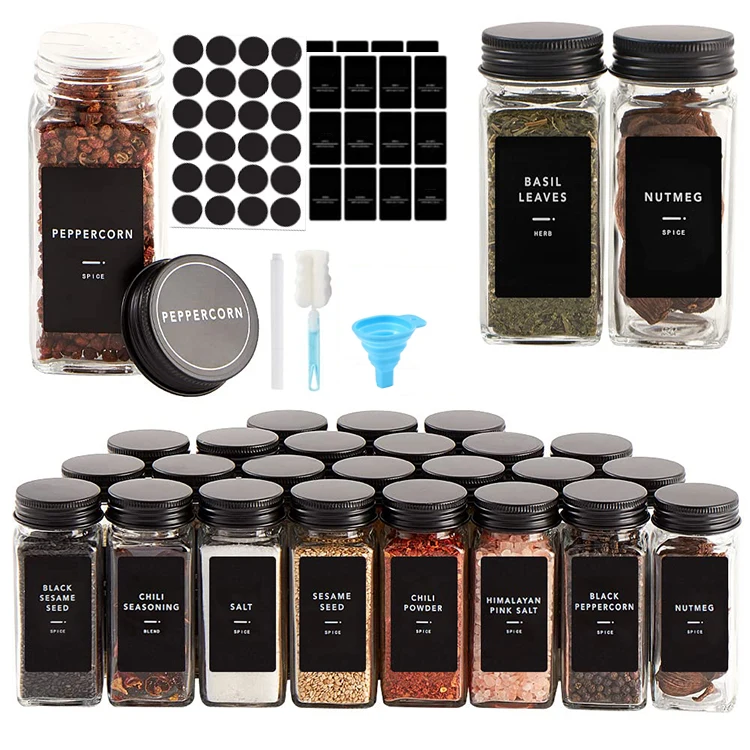 Wholesale 120ml 4oz 24pcs Square Shaker Lids Glass Seasoning Spice Bottle Jar Containers Set with Black Aluminum Lid and Labels
