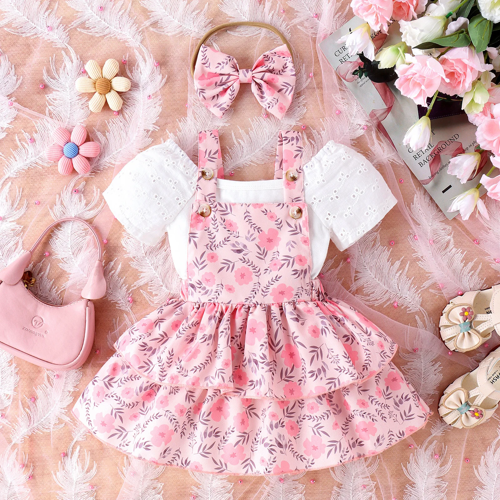 Ins European Style Polka Dot Lapel Single Breasted Long Sleeve Top With Halter Bow Skirt 3pcs Set Suit For Toddlers Girls