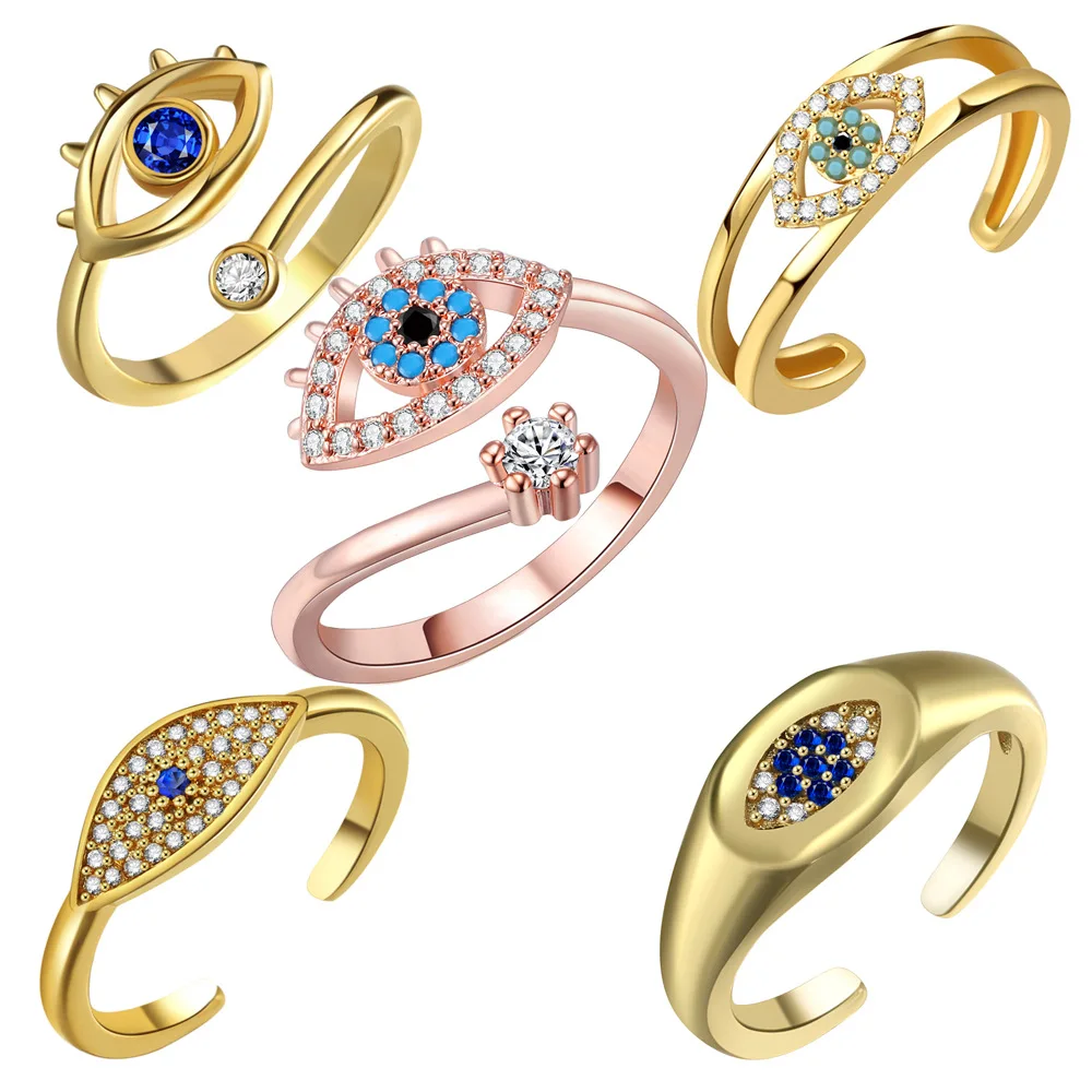 SC New Design 18k Gold Plated Rings Opening Adjustable Brass Micro Zircon Rings Turkey Evil Blue Eye Rings For Women