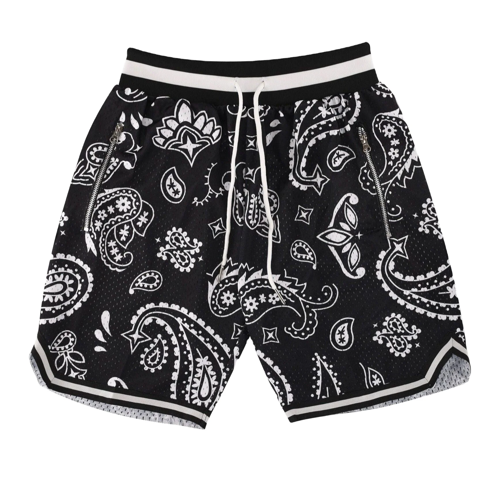 Hot Selling  Custom Gym Sports Shorts  zippers and strings and Paisley pattern shorts.