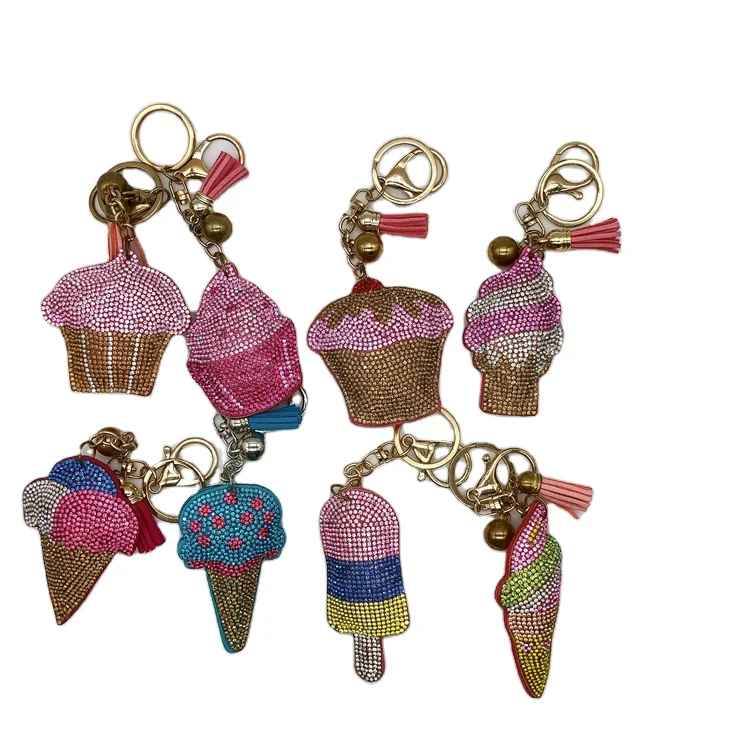 Cake Shape Pink Gold PVC Alloy Crystal Luxury Sweet Ice Cream Keychain