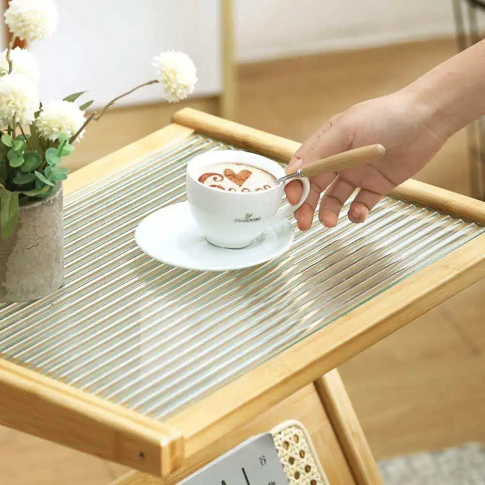 Multifunction Glass Rattan End Side Table for Living Room Bamboo Nightstand Wood Coffee Bedside Table with Magazine Holder