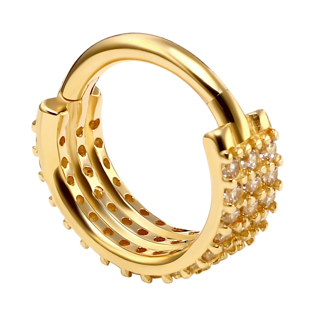 Eternal Metal 14K Solid Gold Triple Line Paved CZ Segment Clicker Nose Hinged Ring Earrings Bodi Pierc Jewelry