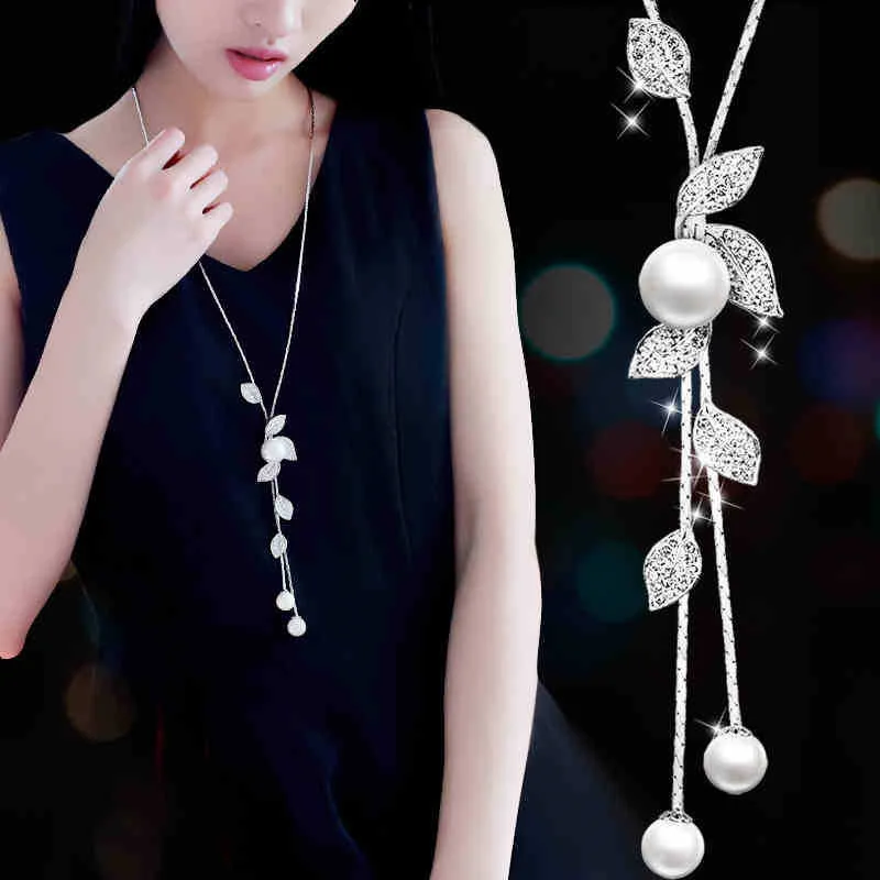 Fashion Rhinestones Leaf Pearl Pendant Necklace Jewelry Women Long Sweater Chain Necklace