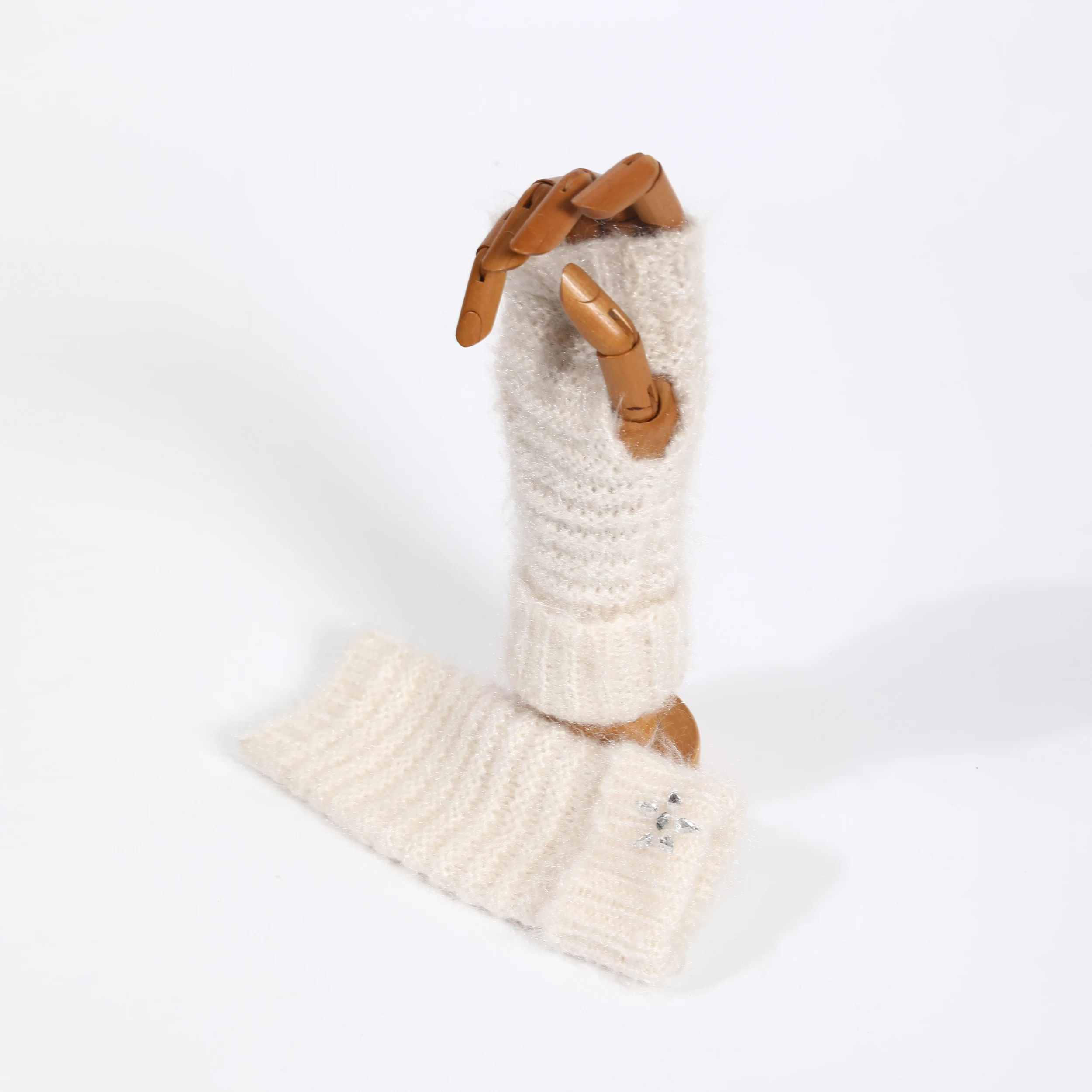 
wholesale women winter gloves feather yarn knitted mitten gloves with rhinestones and 3pcs gift sets 