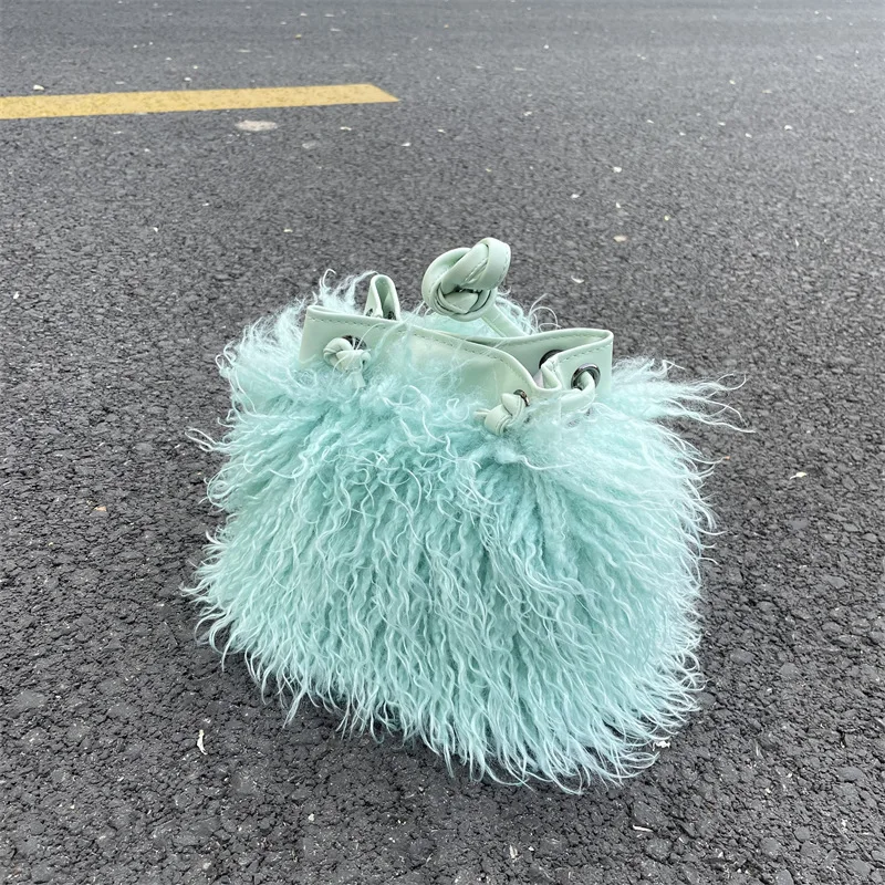 wholesale sheep fur Clutch bags for women faux fur purse lady bag plush fur with bows