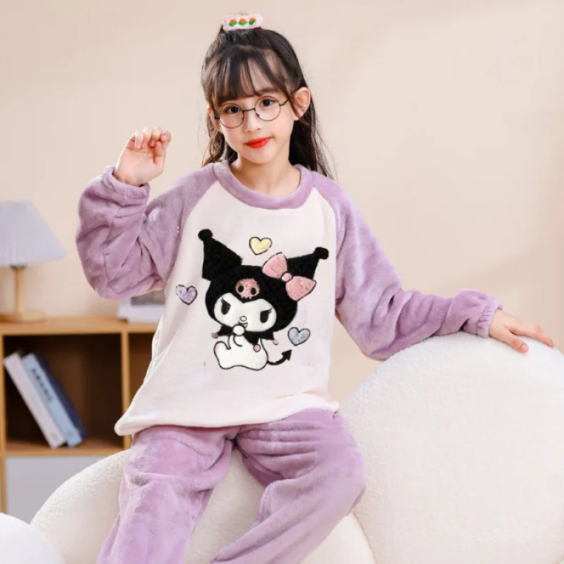 Flannel Pajamas  Autumn  Winter Thickened Cute Girls Coral Fleece Suit  Sanrioed  Hello KT sleepwear Warm Home Clothes