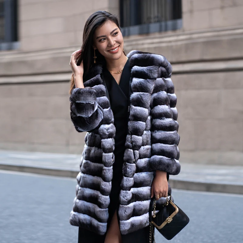 High-Guality Luxury Design Winter Clothes Ladies Real Fur Jacket Overcoat Grey Hooded Women Rex Rabbit Fur Coat Parka Jacket