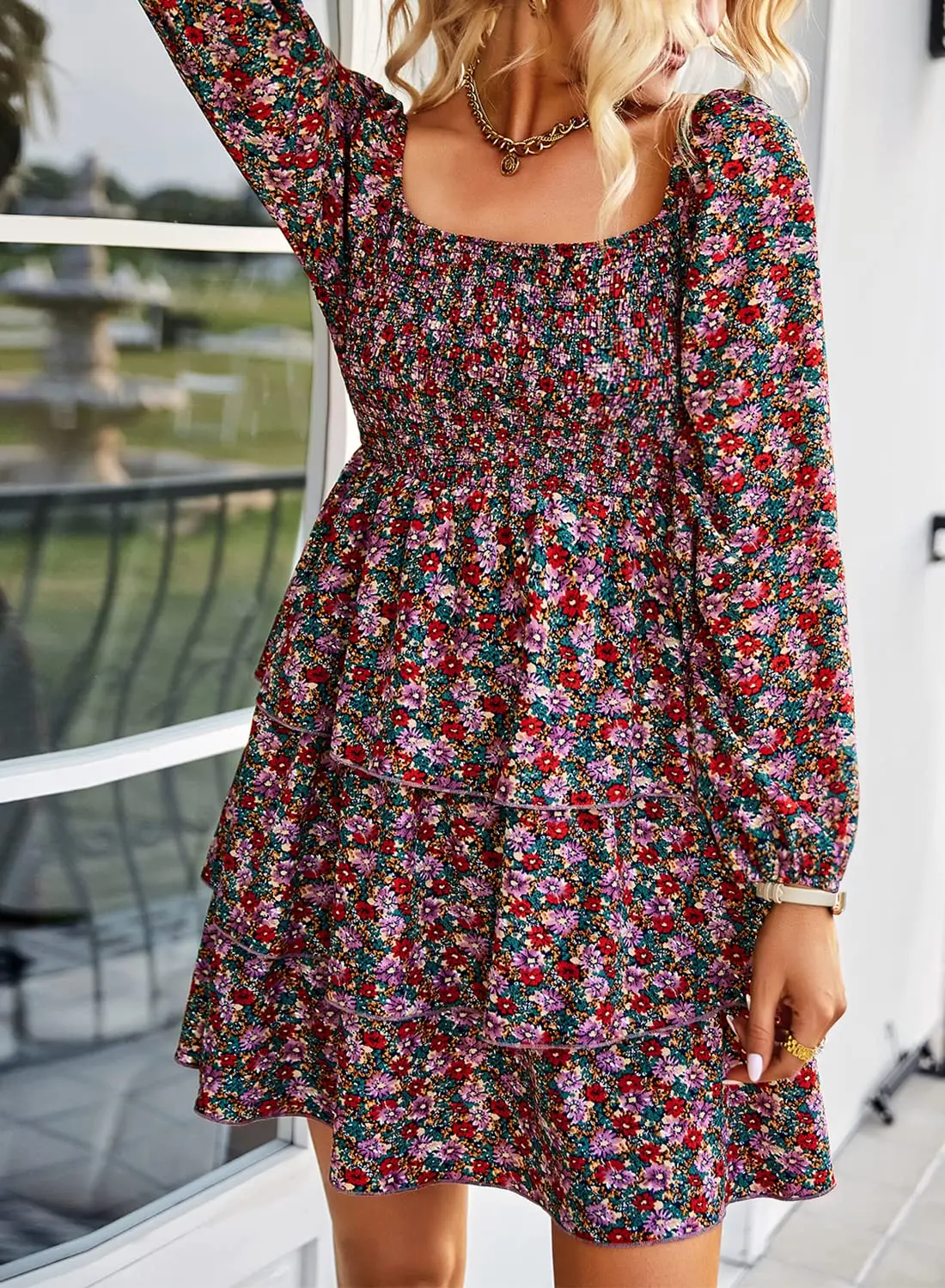 omen Spring Summer Square Neck Smocked Dresses Long Sleeve Floral Swiss Dot Ruffle Party Mini Babydoll Dress