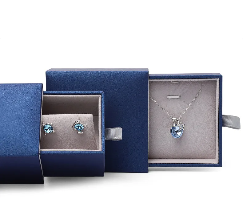 New blue leatherette luxury paper jewelry box paper packaging for bangle pendant earring ring jewelry set box with velvet