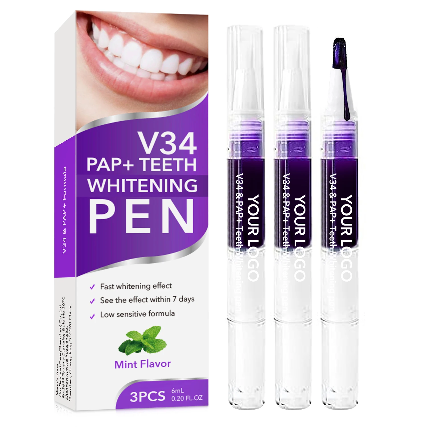 Wholesale Private Label PAP+ V34 Purple Tooth Whitening Gel Serum Teeth Pen Pack
