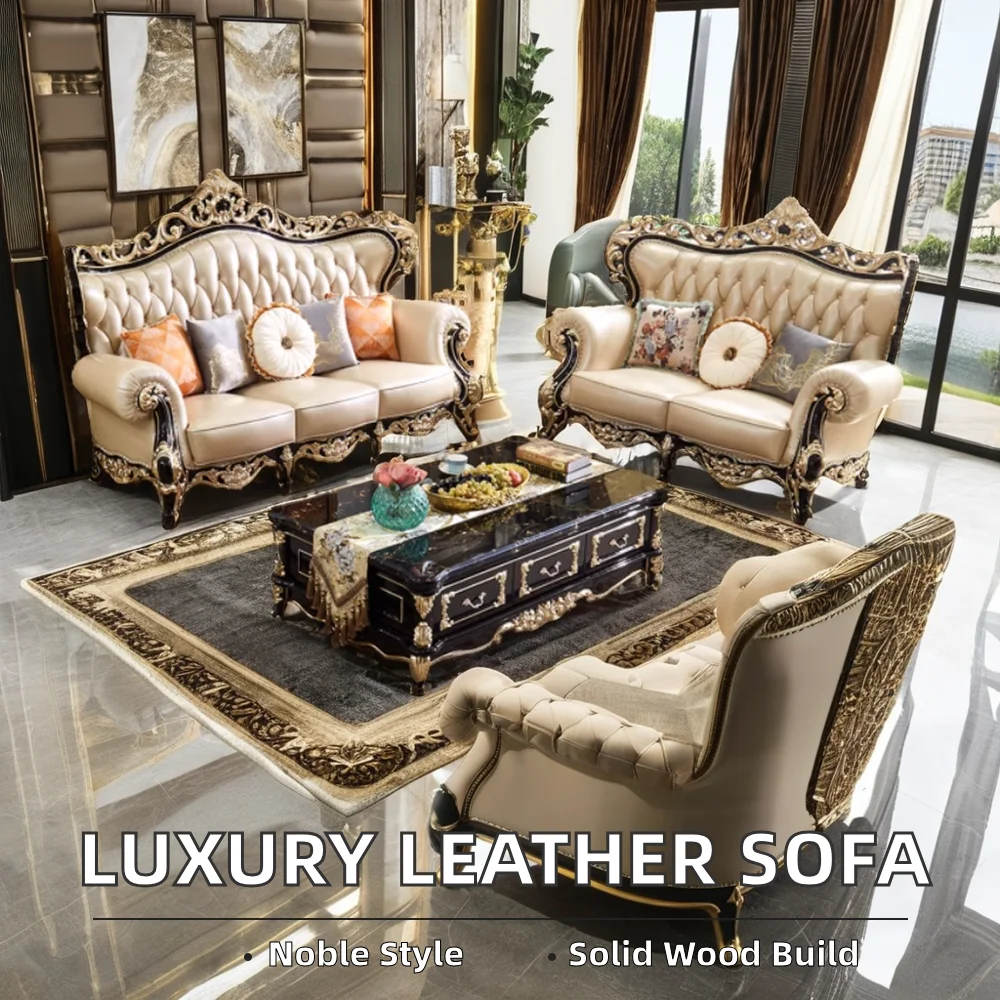 Luxury European Style Double-Sided Solid Wood Sofa Set Cowhide Fabric with Genuine Leather for Living Room Hotels Villas
