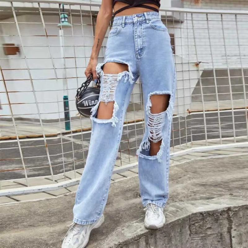 Hot Selling European American Trend Denim Trousers Hip-hop Ripped Women Jeans