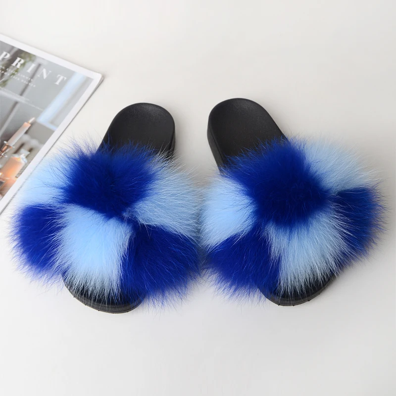 2020 customized Color matching wholesale fur slides fluffy fox slippers  purse real fox fur slippers women Raccoon fur