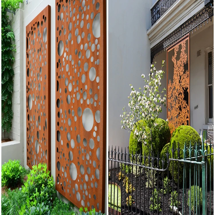 Corten rusted steel decorative garden screens with support frames