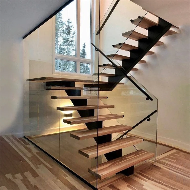 Mono Metal Beam Stairs with Powder Coated Black Carbon Steel Supports Solid Wood Treads and 12mm Glass Railing Indoor