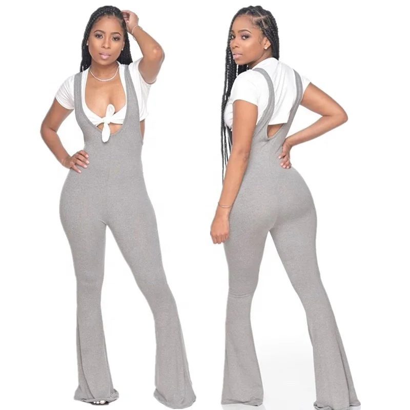 New Arrival Solid V Neck Mid Waist Casual Suspender Long Jumpsuit Imitation Cotton Women Rompers