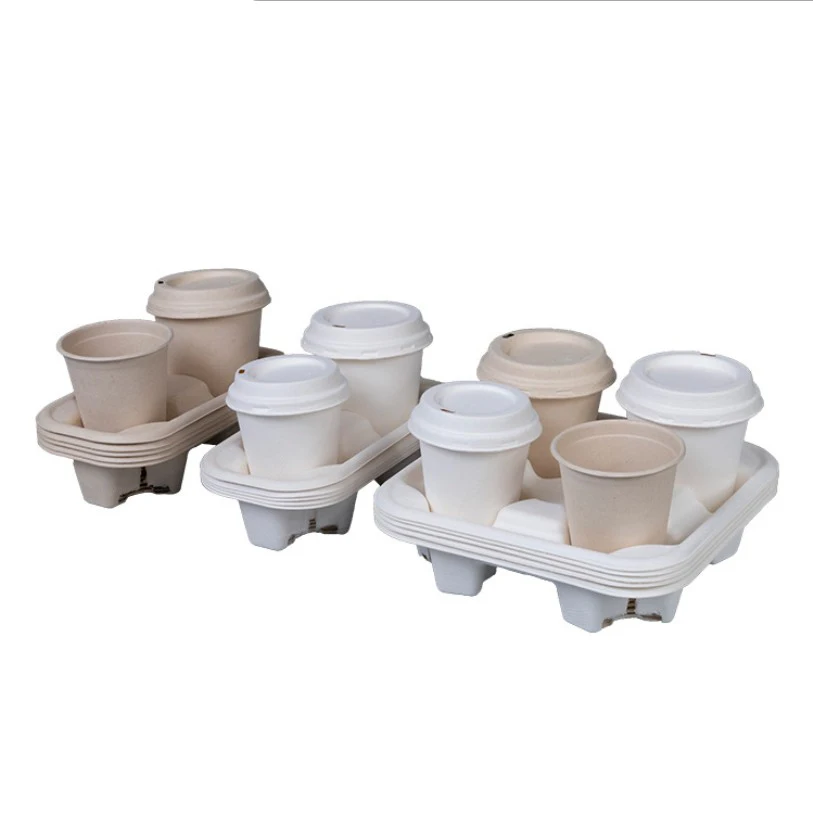 Disposable Biodegradable Bagasse Sugarcane Coffee Cup Holder Carry Tray for 2/4 Cups