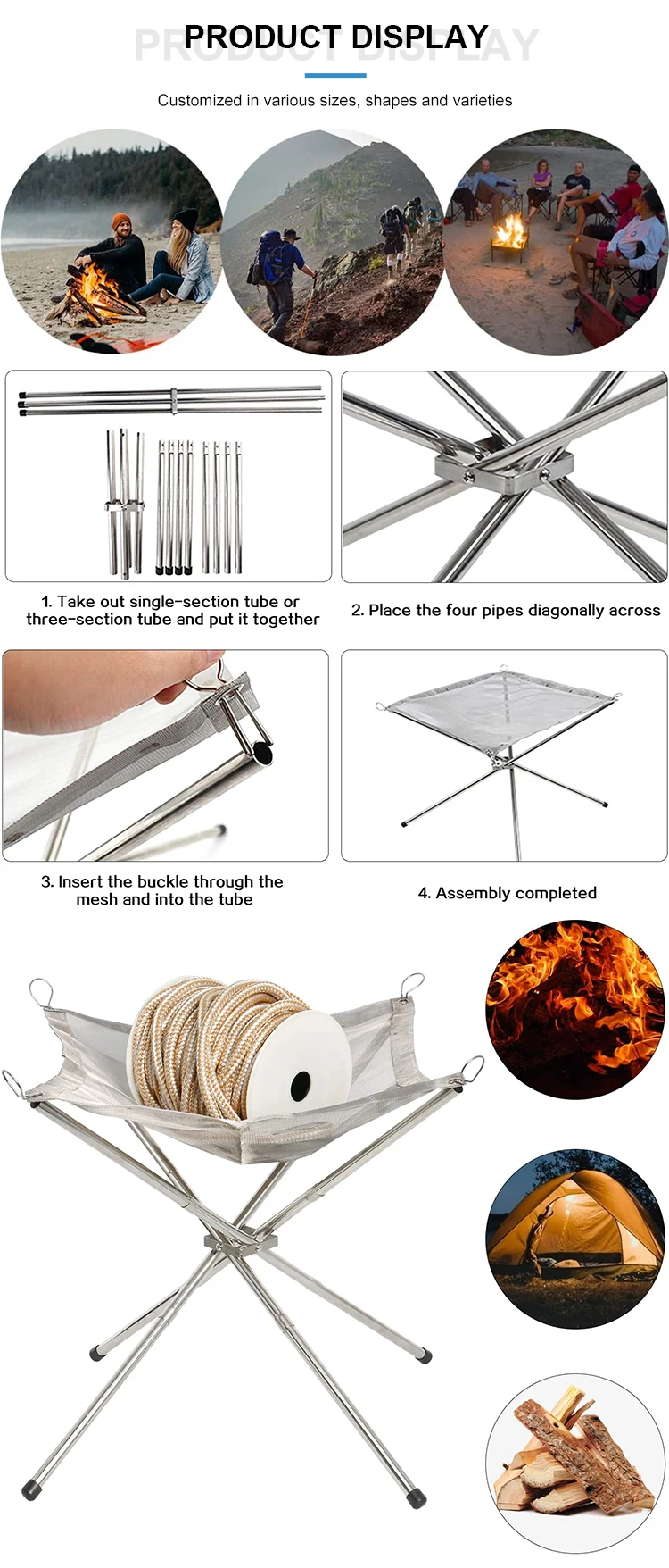 High Quality 22inch Folding Burning Furnace Firewood Burning Stand Outdoor Stainless Steel Portable Foldable Fire Pit