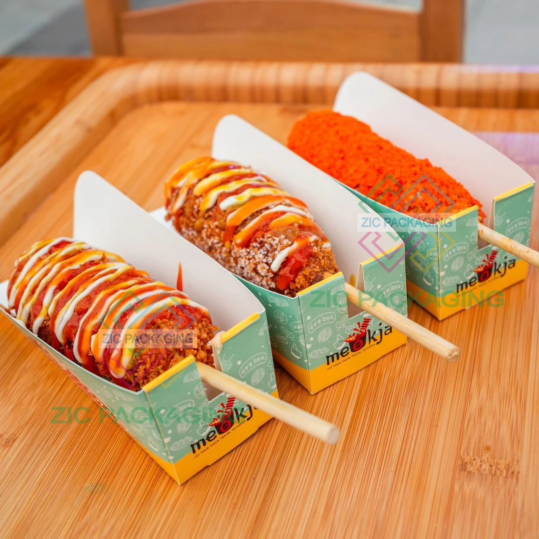 custom food grade cardboard catering boxes eco disposable takeaway hot dog fast food tray with logo custom print corn dog box
