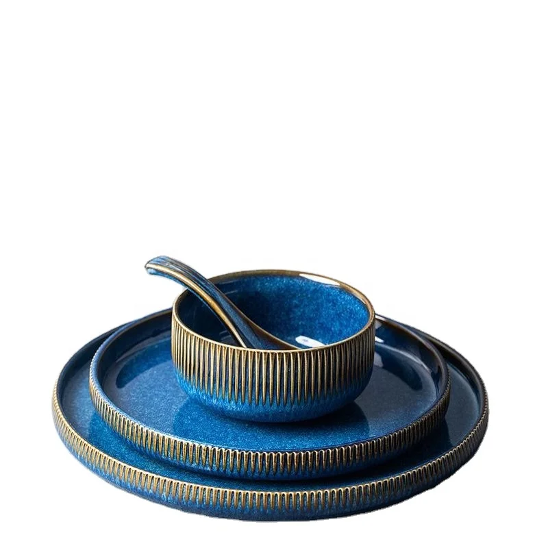 Ceramic Dinner Set, Japanese Retro Blue Plates Bowls Dishes, Kiln Changed Dinnerware Set