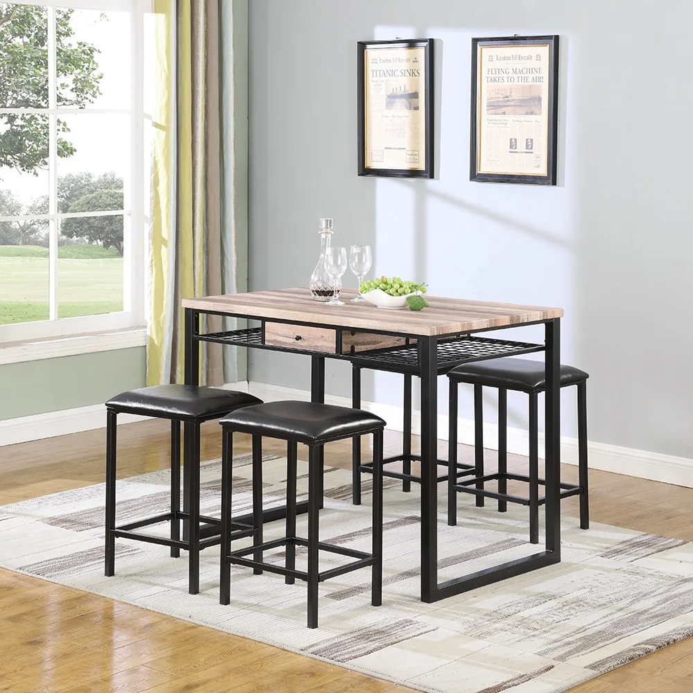 cheap home kitchen bar height high wooden top bar table and stool set with drawer