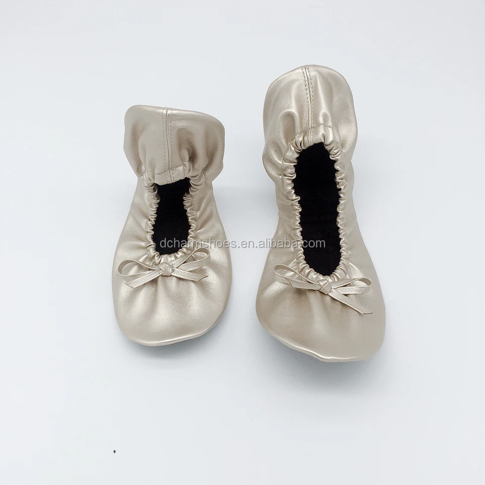 OEM Wholesale lady roll up ballet flats golden foldable ballerina flats for wedding gift