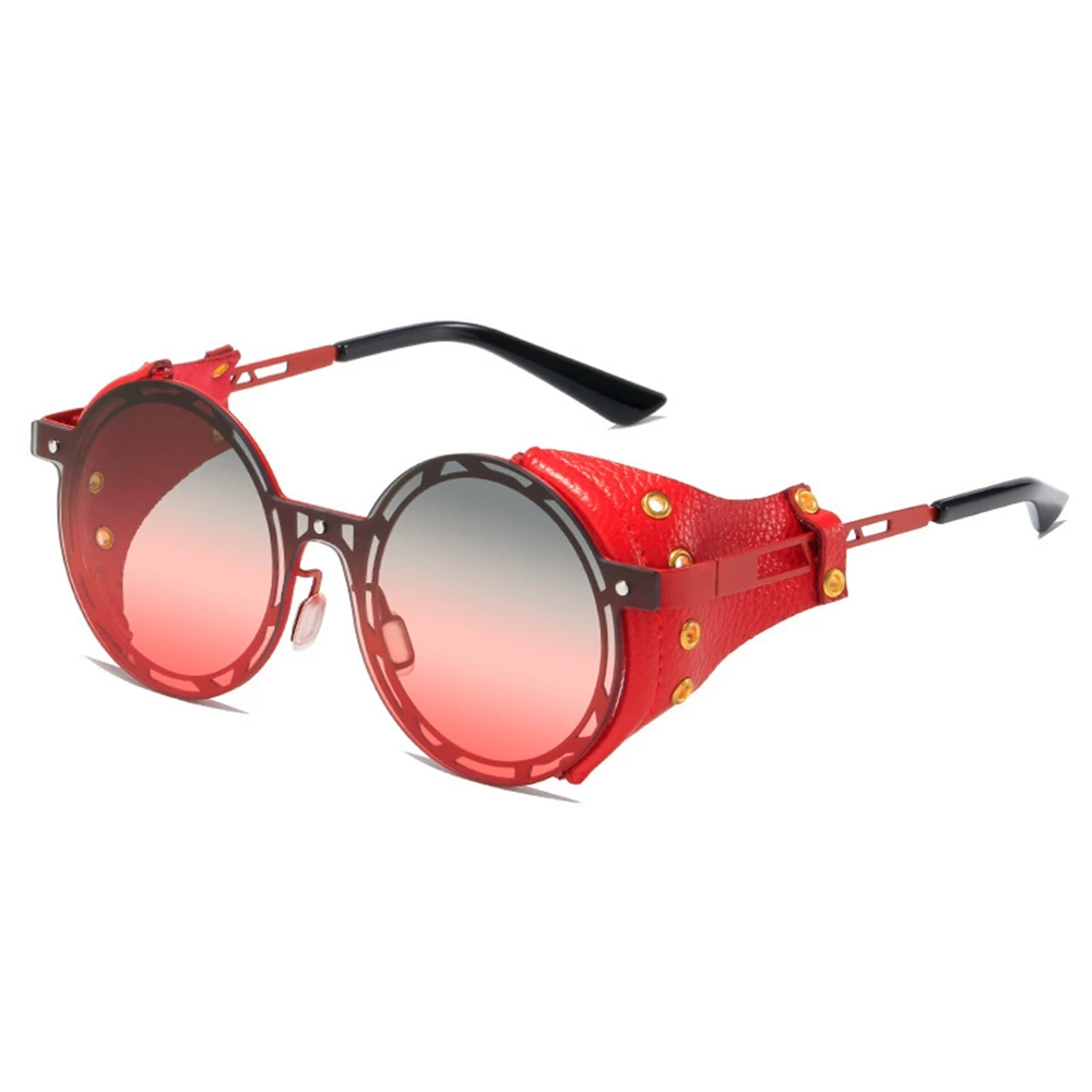Vintage Leather Punk Sunglasses New Fashion Alloy Rivet Steampunk Sunglasses Male Round Eyewear Sunglasses
