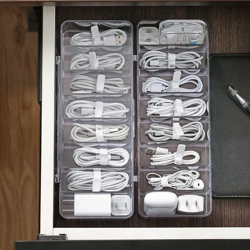 Plastic Desktop Sorting Compartments Cord Holder Data Charging Cable Earphone Organizer Transparent  Data Cable Storage Box