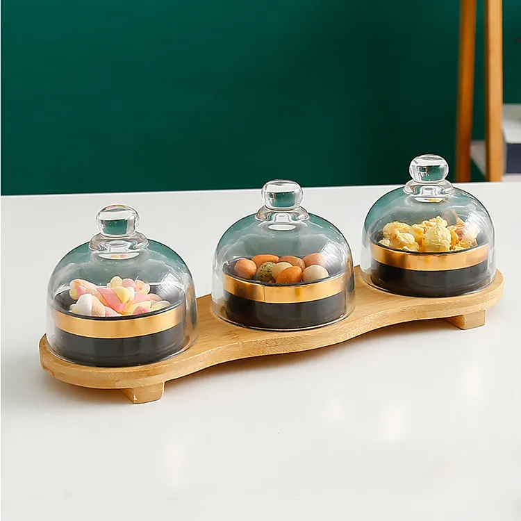 Wholesale tableware household 3 pcs serving bowls set gold printed porcelain bowls with lid in stock