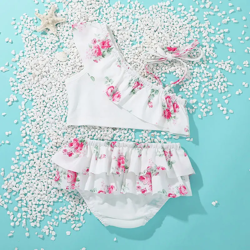 Wholesale Ruffle Floral Leopard Child Swimwear Baby Kids Two Piece Swimsuit For Girls