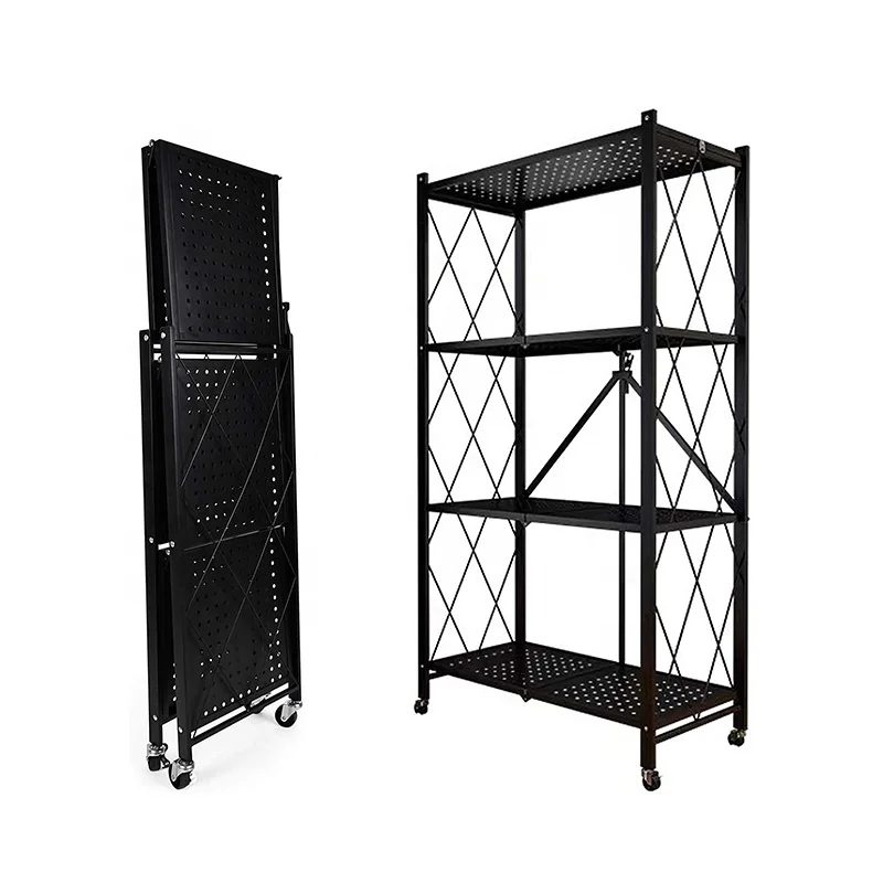 Folding Shelf 5 Tiers Household Steel Storage Shelf Rack No Assembly Kitchen Storage Foldable Rack Shelf On Wheels