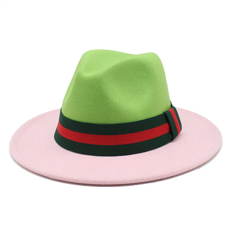 2022 New Design Wholesale Two Tone Women Men Panama Hat Vintage Wide Brim Jazz Hat Wool Felt Fedora Hats with Belt Buckle