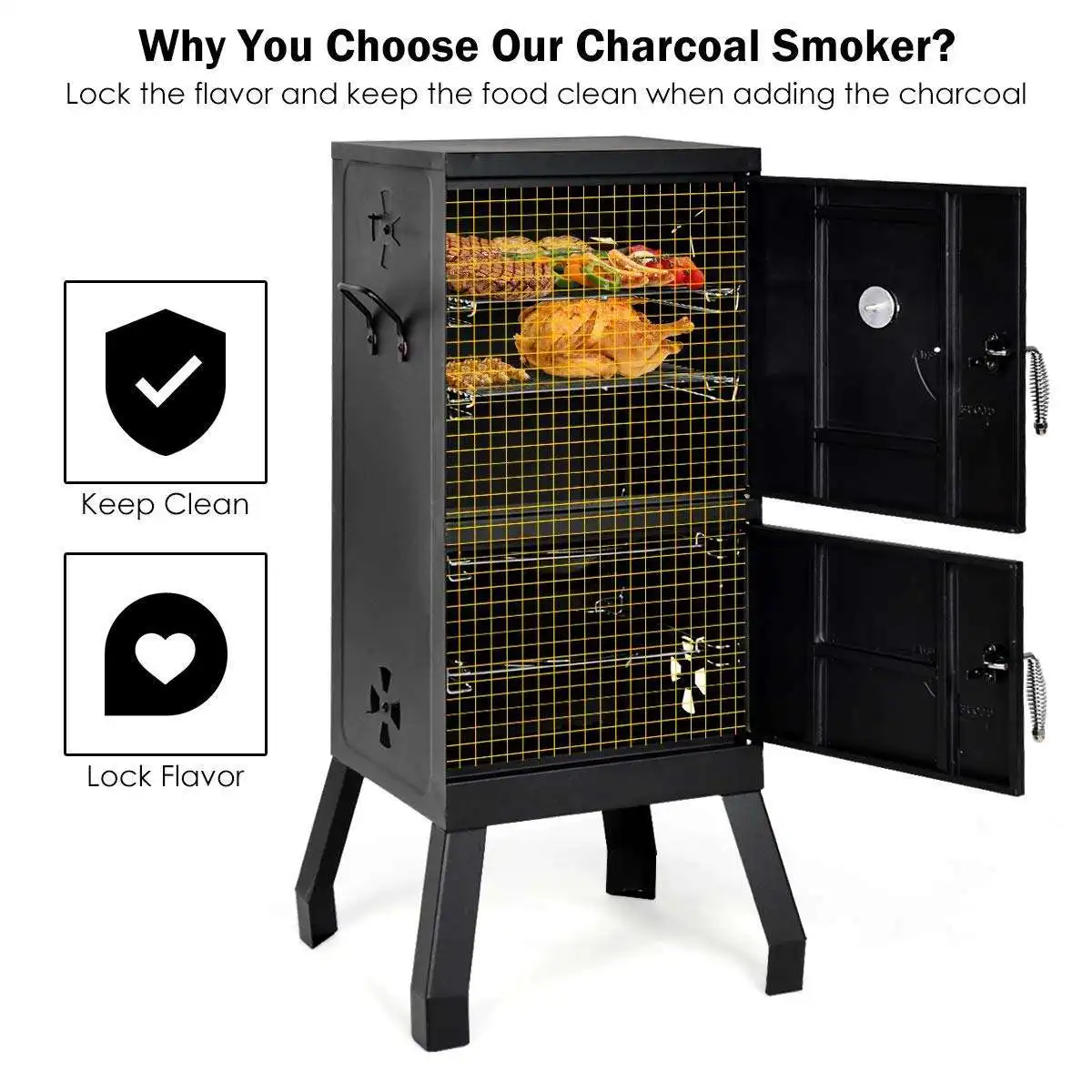 Heavy Duty Vertical Meat Charcoal Bbq Grill Powder Coated Small Double Layer Barbecue Smoker Grill