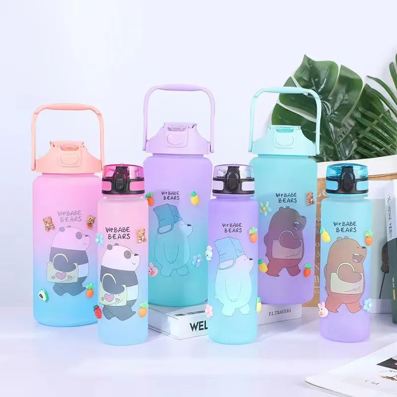 2 bottles/set Cute Bear Plastic Water Bottle Leak-proof Large Capacity Bottle for Water Transparent Frosted Juice Cup Water Cup